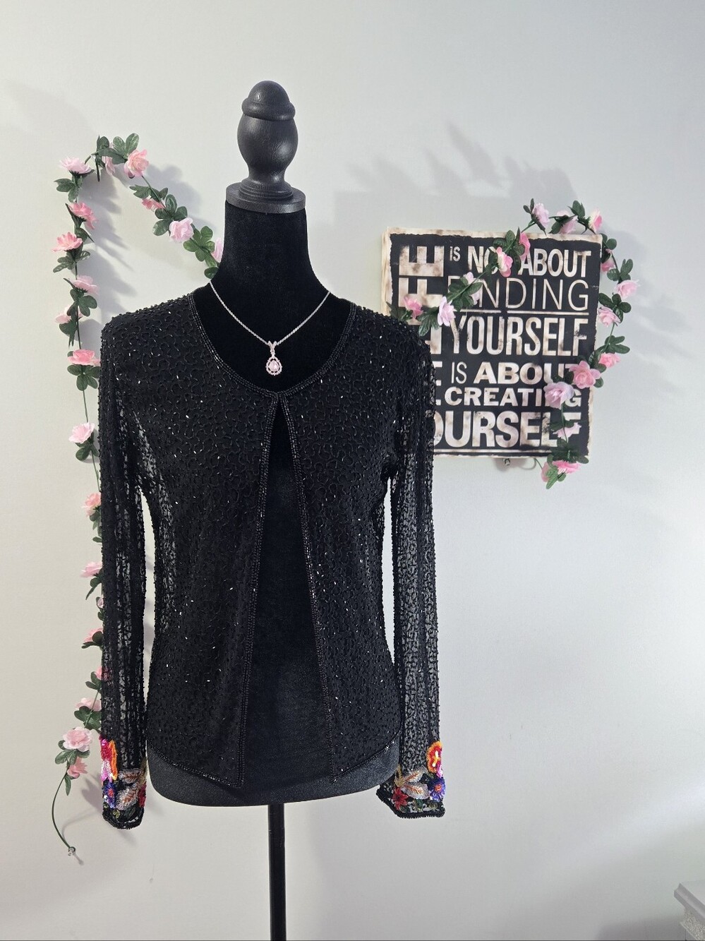 NWT Nasserati Beaded Sequin Evening Jacket - Black Floral Cuffs - Size M